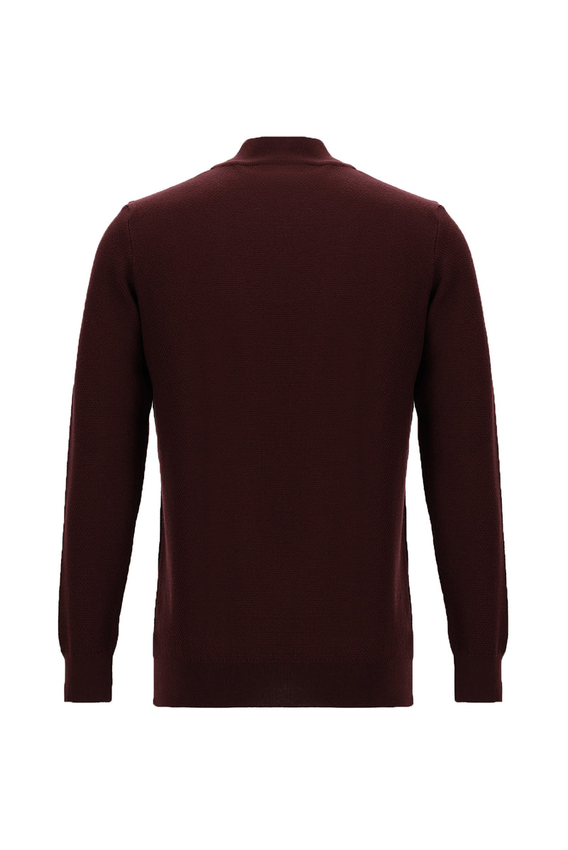 Koyu Bordo Yarım Balıkçı Yaka Regular Fit Fermuarlı Pamuklu Triko Kazak