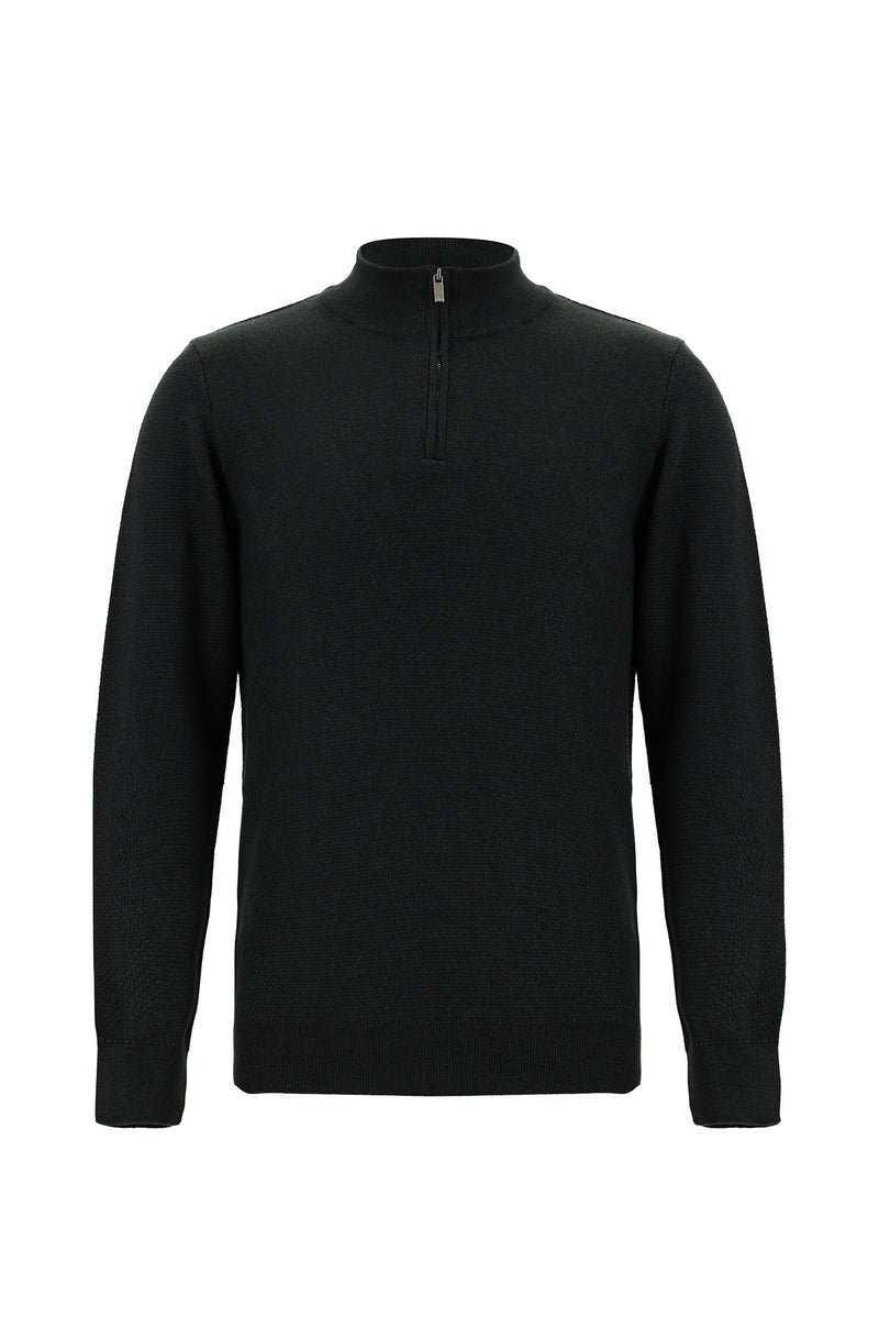 Koyu Antrasit Melanj Yarım Balıkçı Yaka Regular Fit Fermuarlı Pamuklu Triko Kazak