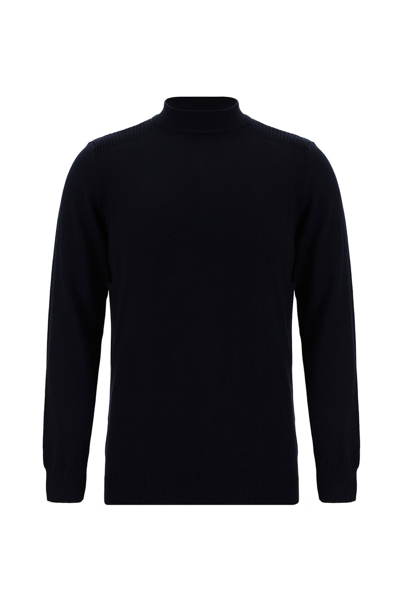Koyu Lacivert Yarım Balıkçı Yaka Slim Fit Dar Kesim Pamuklu Triko Kazak
