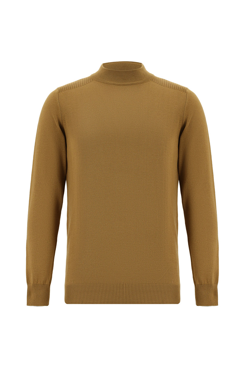 Camel Yarım Balıkçı Yaka Slim Fit Dar Kesim Pamuklu Triko Kazak