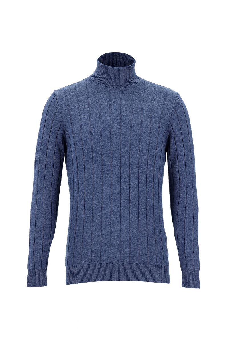 İndigo Melanj Balıkçı Yaka Slim Fit Dar Kesim Desenli Triko Kazak