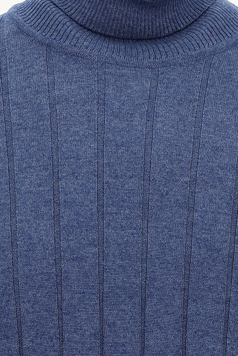 İndigo Melanj Balıkçı Yaka Slim Fit Dar Kesim Desenli Triko Kazak