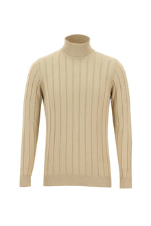 Açık Bej Balıkçı Yaka Slim Fit Dar Kesim Desenli Triko Kazak