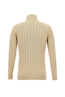 Açık Bej Balıkçı Yaka Slim Fit Dar Kesim Desenli Triko Kazak