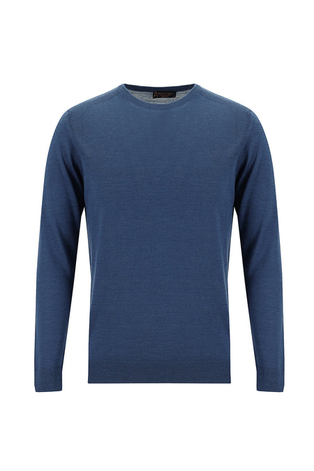 İndigo Melanj Bisiklet Yaka Regular Fit Yünlü Triko Kazak