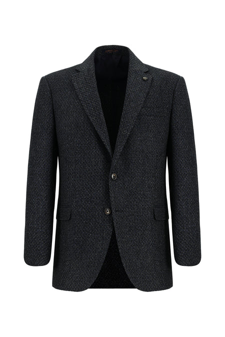 Koyu Lacivert Klasik Yünlü Desenli Ceket