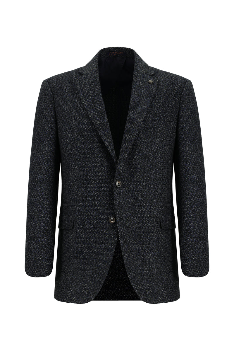 Koyu Lacivert Klasik Yünlü Desenli Ceket