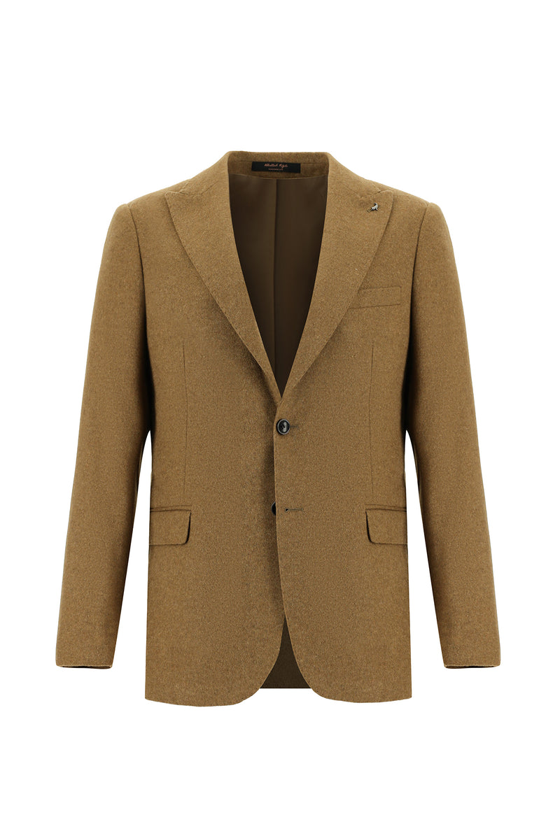 Camel Slim Fit Dar Kesim Yünlü Klasik Ceket
