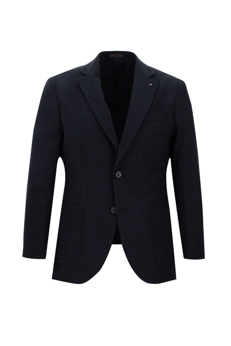 Koyu Lacivert Slim Fit Dar Kesim Yünlü Desenli Spor Ceket