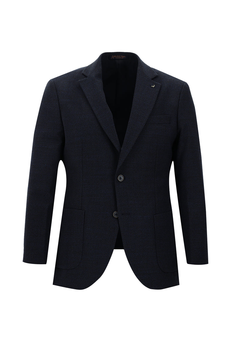 Koyu Lacivert Slim Fit Dar Kesim Yünlü Desenli Spor Ceket