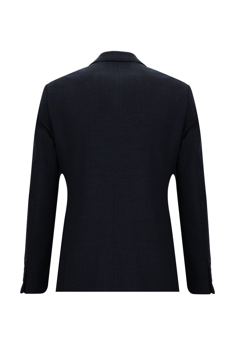 Koyu Lacivert Slim Fit Dar Kesim Yünlü Desenli Spor Ceket