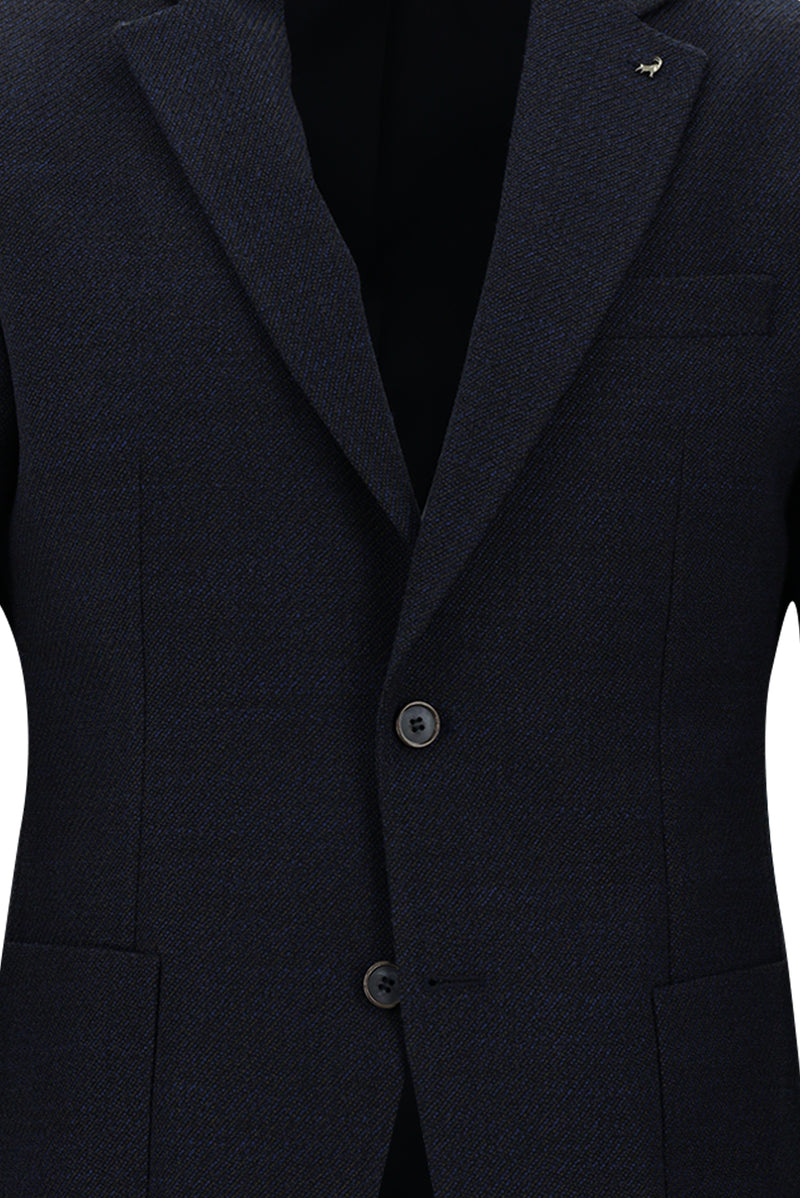 Koyu Lacivert Slim Fit Dar Kesim Yünlü Desenli Spor Ceket