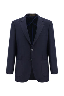 Koyu Lacivert Relaxed Fit Rahat Kesim Yünlü İtalyan Desenli Ceket