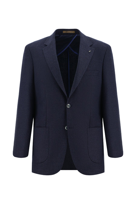 Koyu Lacivert Relaxed Fit Rahat Kesim Yünlü İtalyan Desenli Ceket