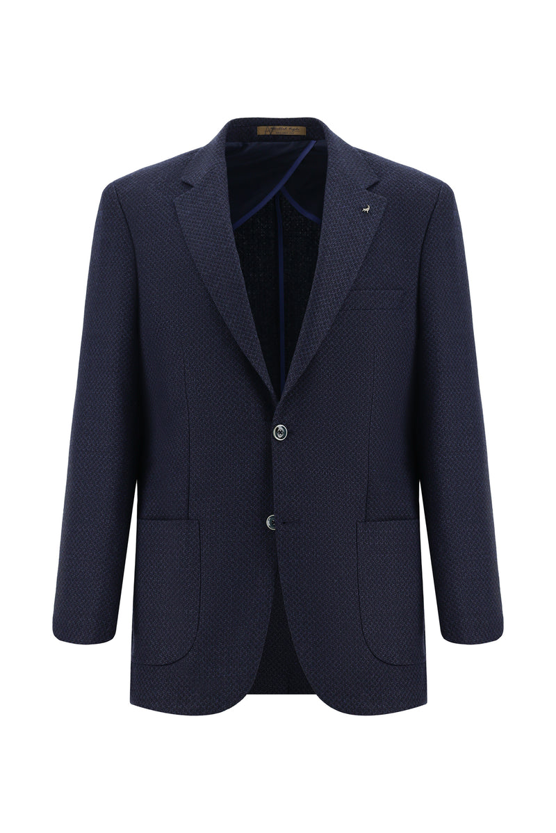 Koyu Lacivert Relaxed Fit Rahat Kesim Yünlü İtalyan Desenli Ceket