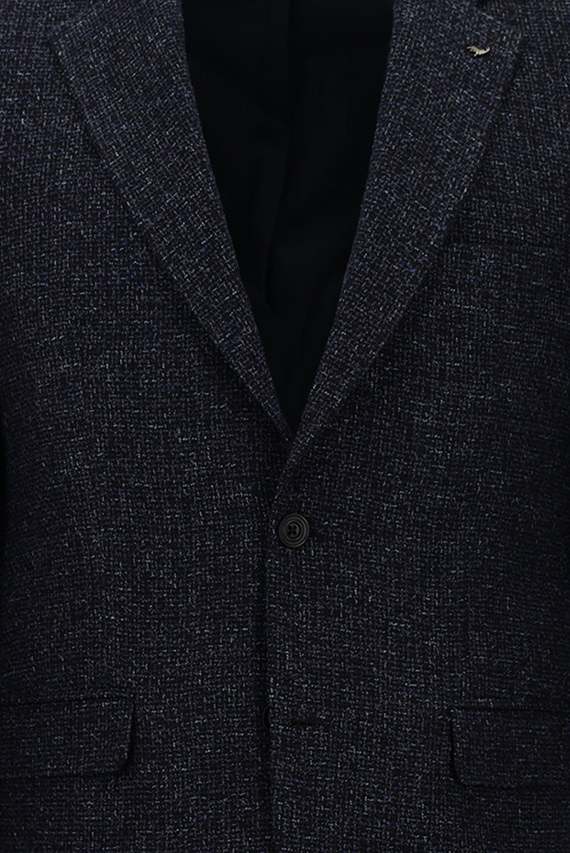Koyu Lacivert Regular Fit İtalyan Desenli Yünlü Ceket