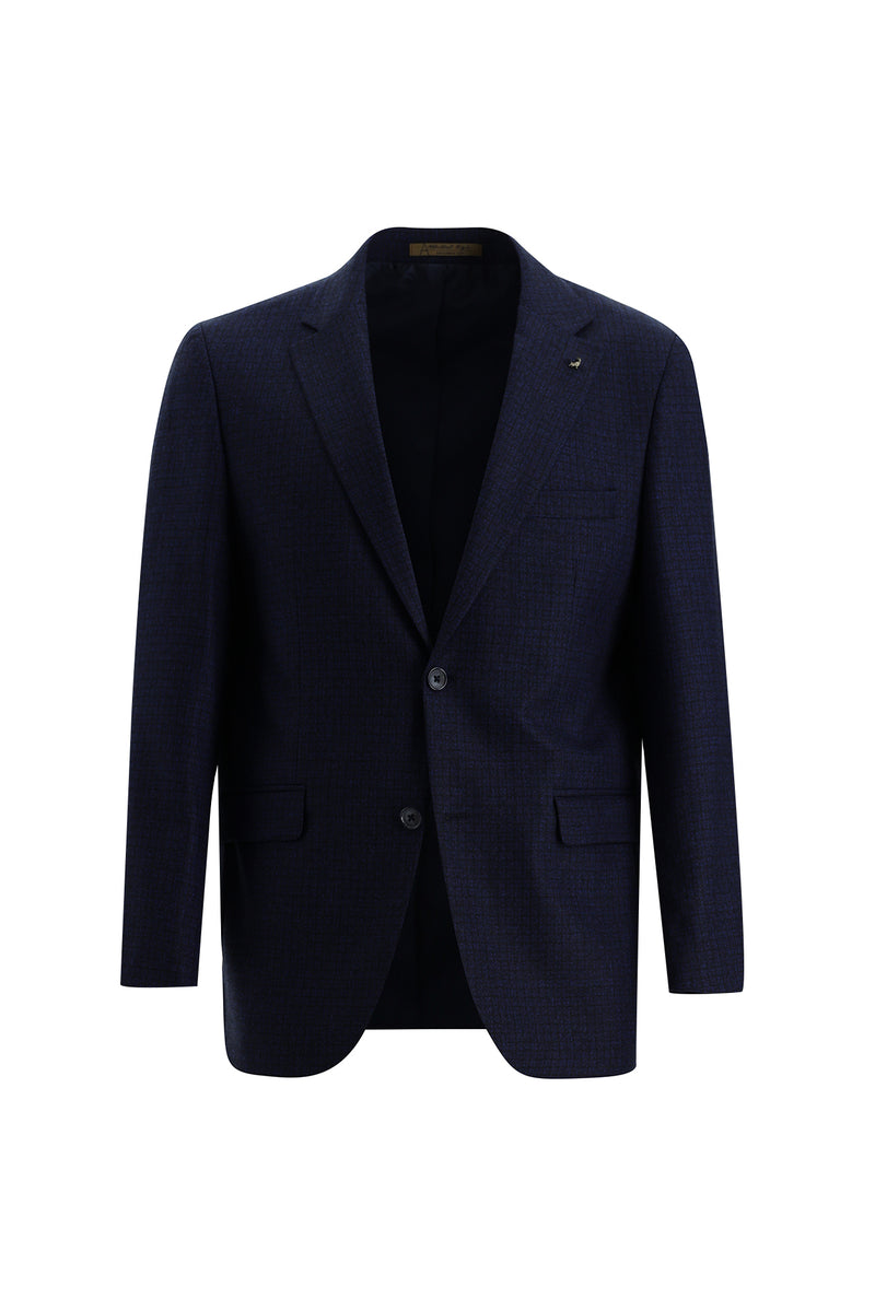 Koyu Lacivert Relaxed Fit Rahat Kesim Yünlü Klasik Desenli Ceket