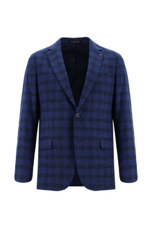 Koyu Mavi  Regular Fit Yünlü Ekose Ceket