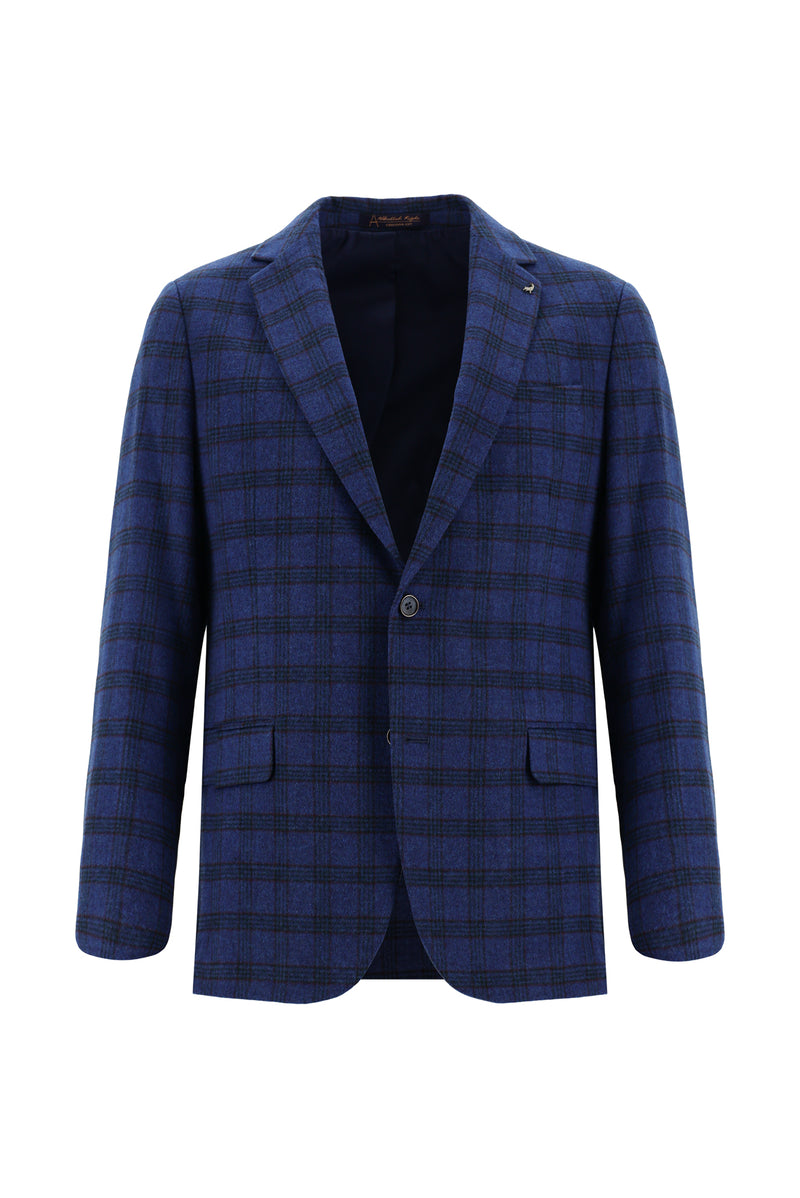 Koyu Mavi  Regular Fit Yünlü Ekose Ceket