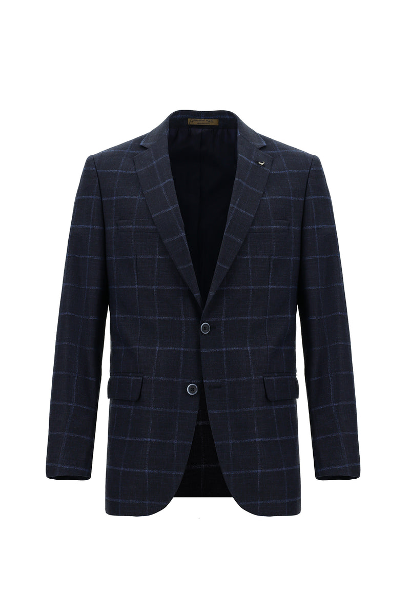 Koyu Lacivert Regular Fit İtalyan Yünlü Klasik Ekose Ceket