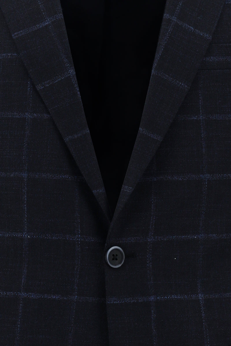 Koyu Lacivert Regular Fit İtalyan Yünlü Klasik Ekose Ceket