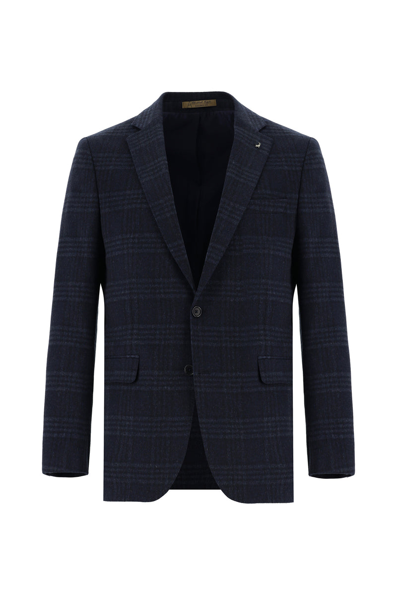 Orta Lacivert Regular Fit Ekose Kaşmir Ceket