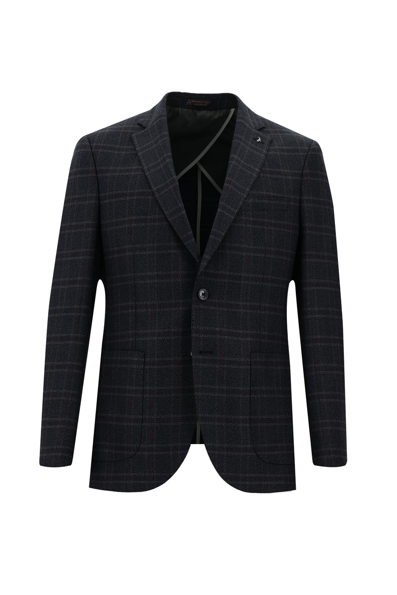 Koyu Lacivert Slim Fit Dar Kesim Ekose Spor Ceket