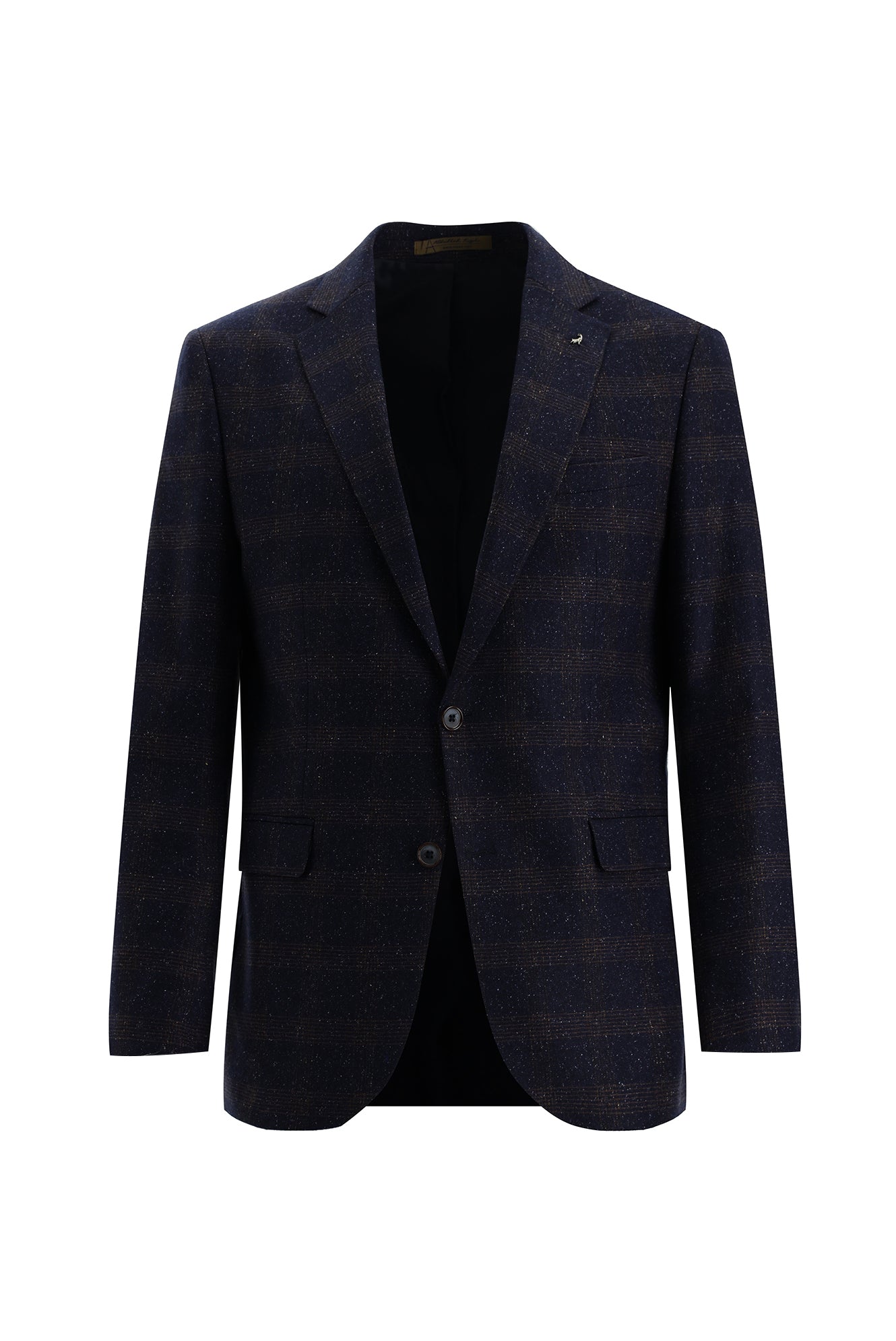 Koyu Lacivert Regular Fit İtalyan Yünlü Ekose Ceket