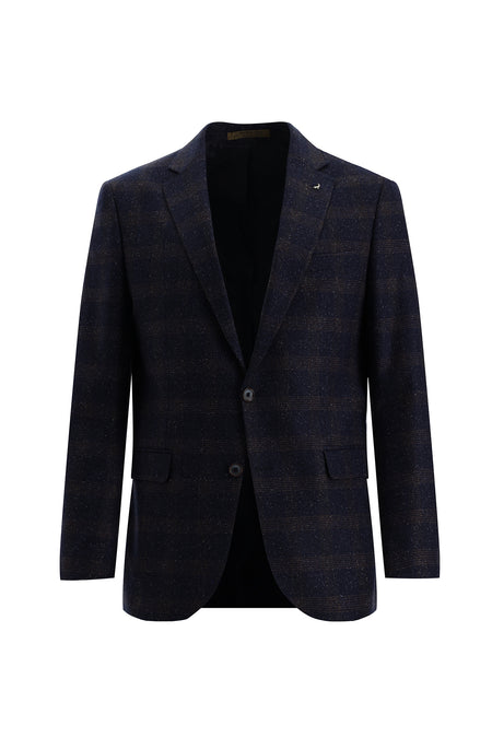 Koyu Lacivert Regular Fit İtalyan Yünlü Ekose Ceket