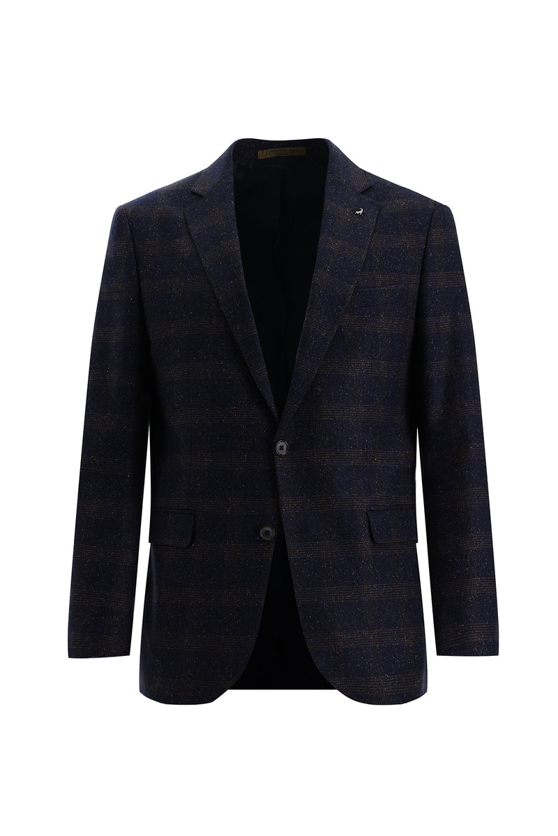 Koyu Lacivert Regular Fit İtalyan Yünlü Ekose Ceket