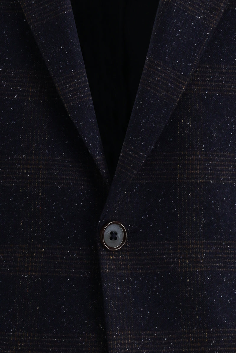 Koyu Lacivert Regular Fit İtalyan Yünlü Ekose Ceket