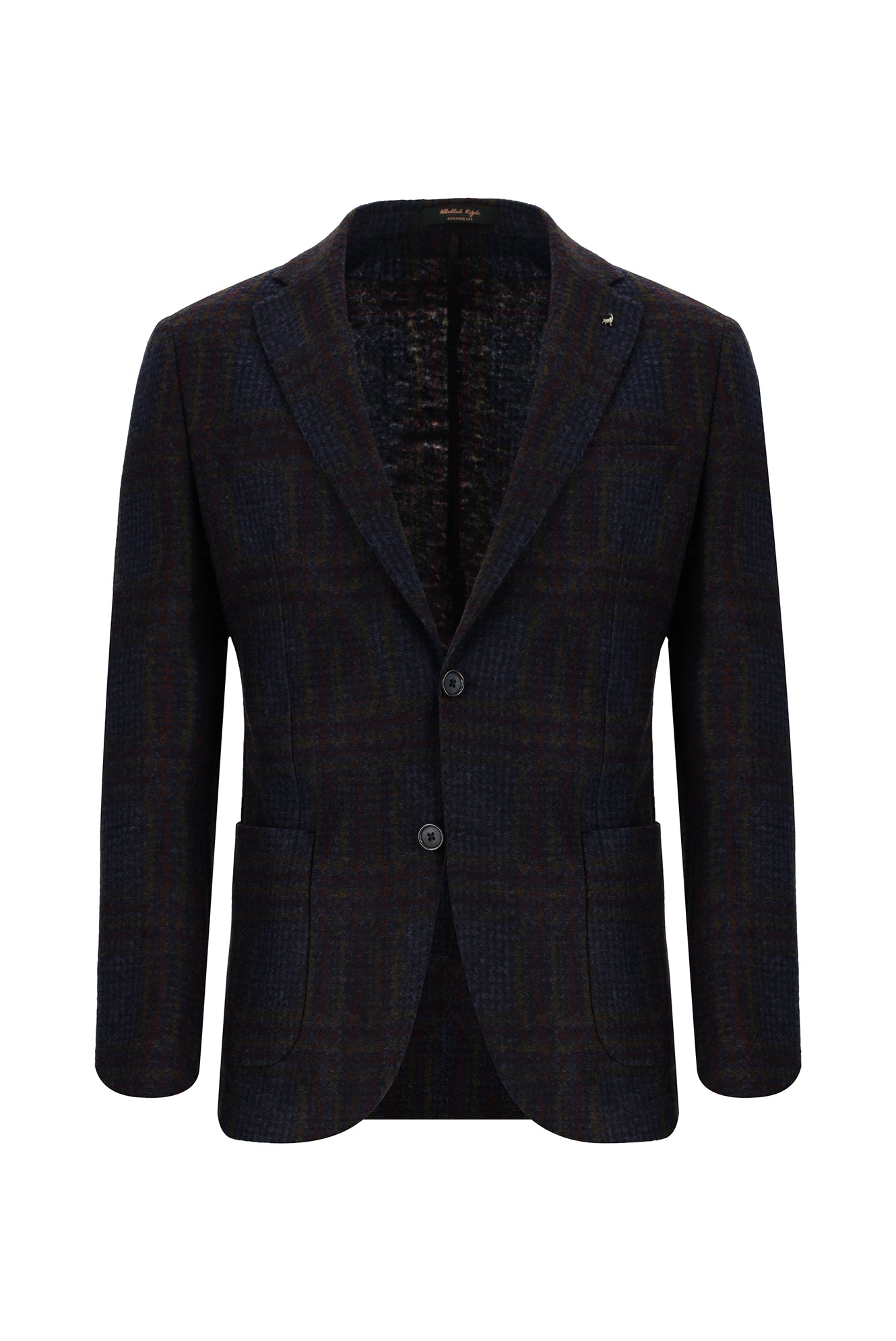 Orta Lacivert Slim Fit Dar Kesim İtalyan Yünlü Ekose Örme Ceket