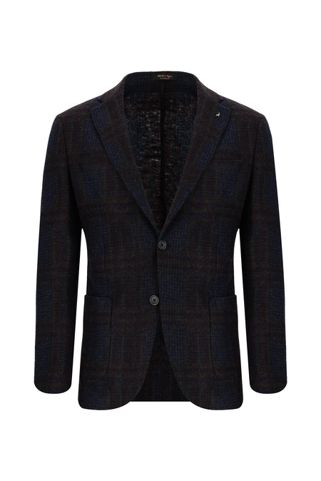 Orta Lacivert Slim Fit Dar Kesim İtalyan Yünlü Ekose Örme Ceket