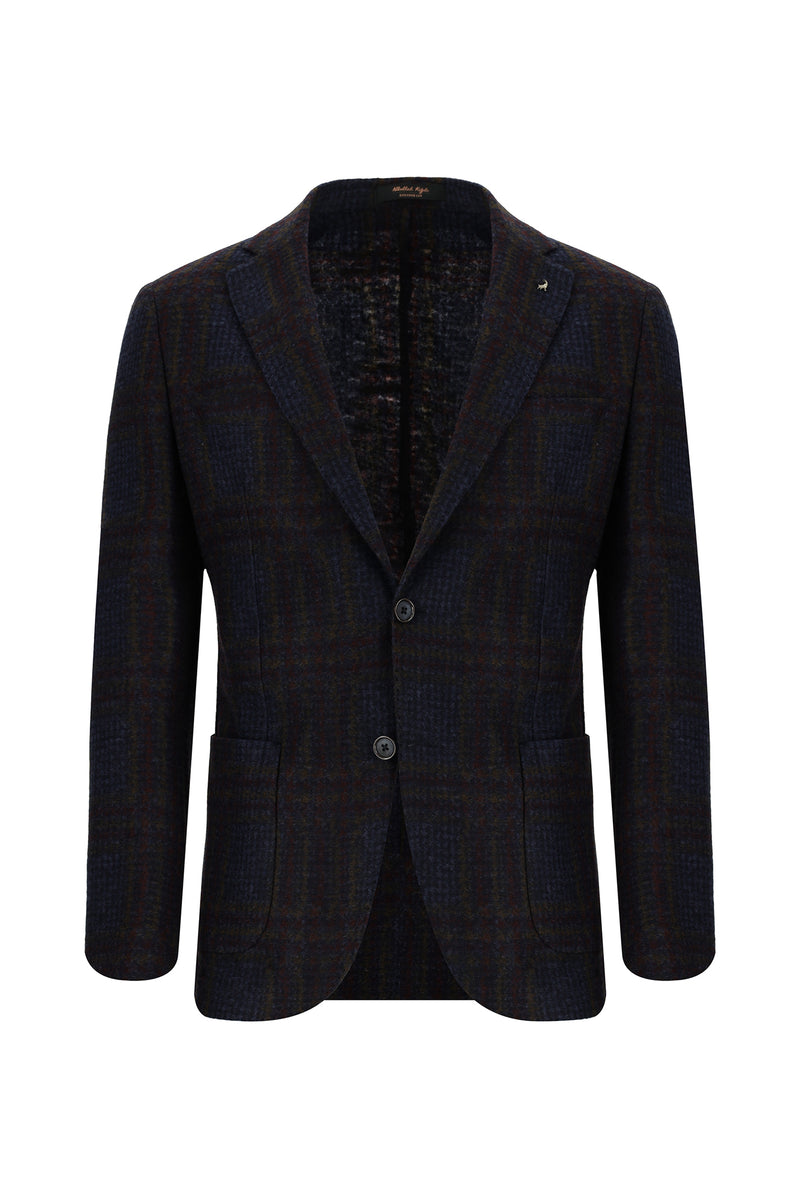 Orta Lacivert Slim Fit Dar Kesim İtalyan Yünlü Ekose Örme Ceket