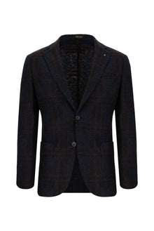 Orta Lacivert 7 Drop Slim Fit Dar Kesim ?talyan Yünlü Ekose Örme Ceket-Abdullah Ki??l?