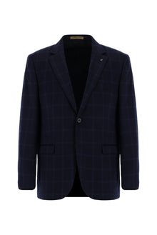 Koyu Lacivert Regular Fit Kareli Kaşmir Ceket