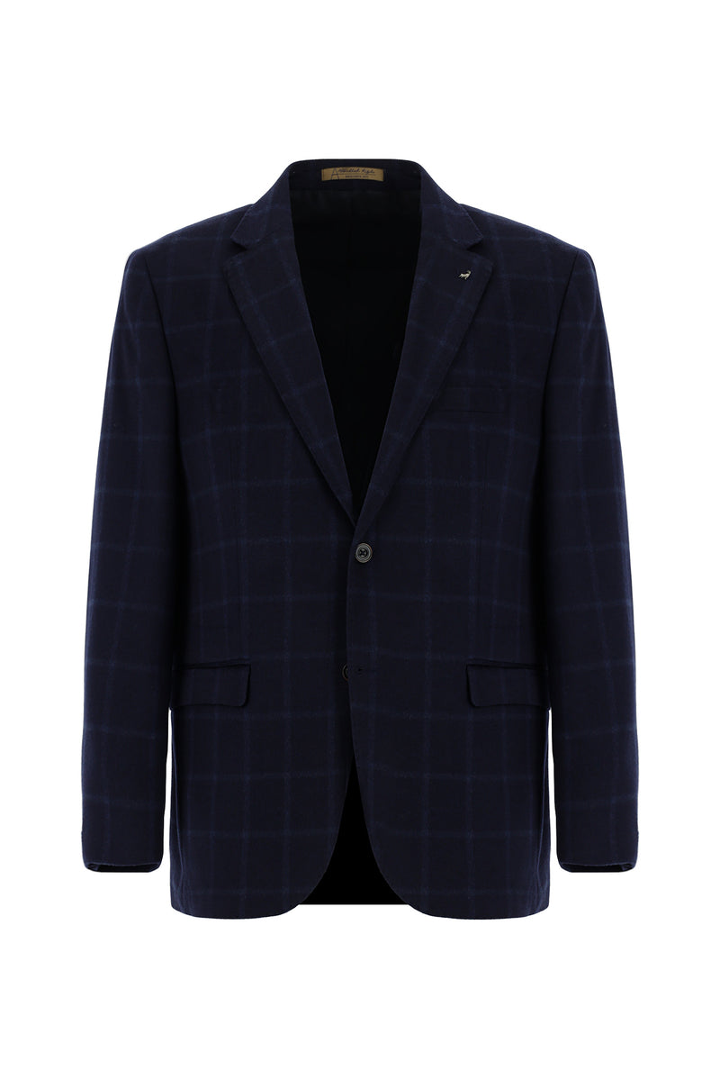 Koyu Lacivert Regular Fit Kareli Kaşmir Ceket