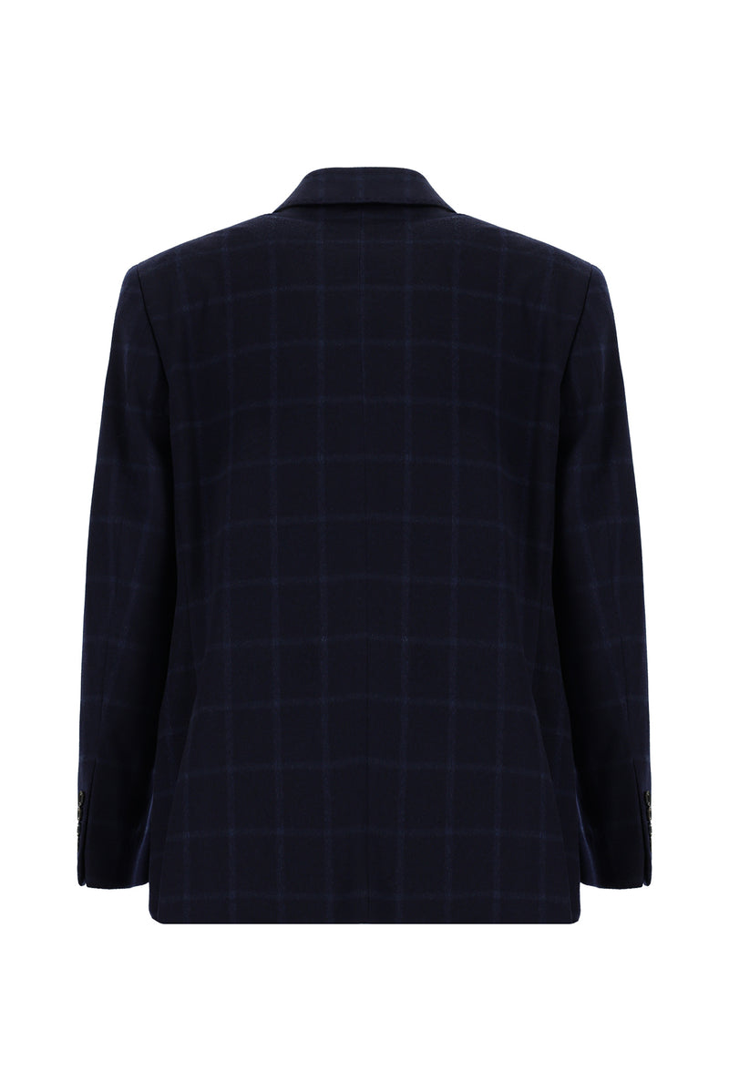 Koyu Lacivert Regular Fit Kareli Kaşmir Ceket