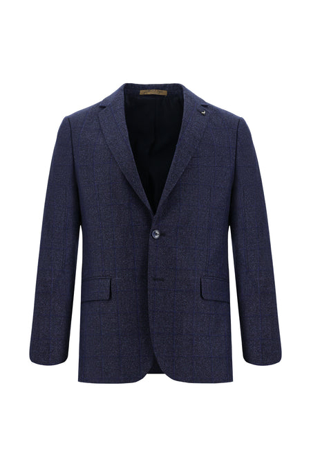 Koyu Lacivert Regular Fit Yünlü Klasik Ekose Ceket