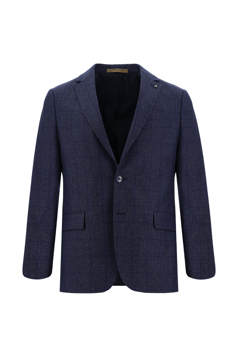 Koyu Lacivert Regular Fit Yünlü Klasik Ekose Ceket