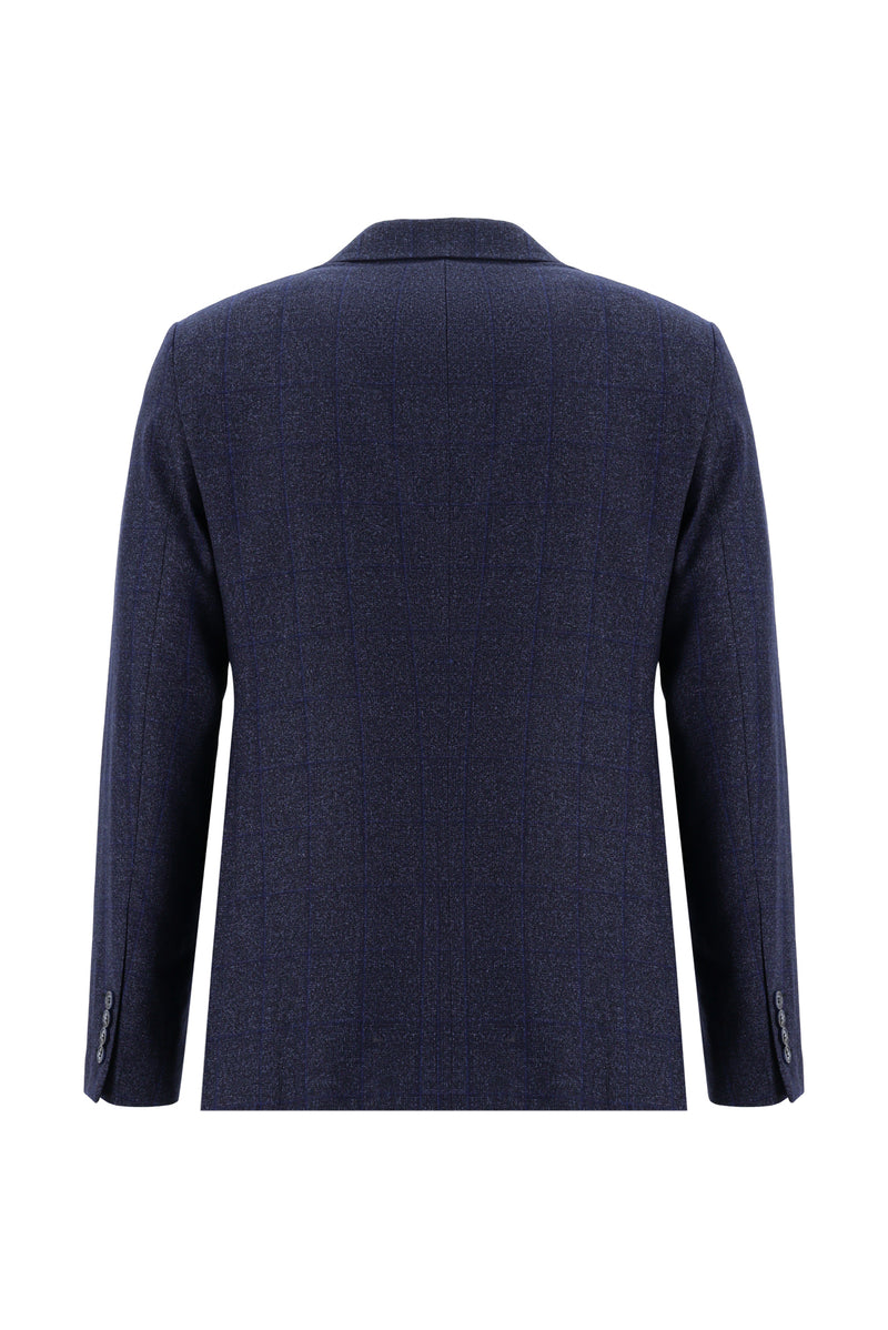 Koyu Lacivert Regular Fit Yünlü Klasik Ekose Ceket