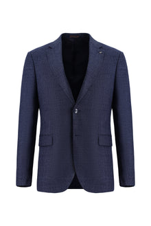 Orta Lacivert 7 Drop Slim Fit Dar Kesim Klasik Desenli Yün Ceket-Abdullah Ki??l?