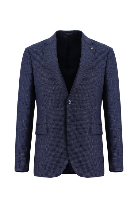 Orta Lacivert 7 Drop Slim Fit Dar Kesim Klasik Desenli Yün Ceket-Abdullah Ki??l?