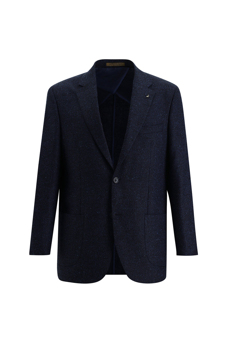 Koyu Lacivert Relaxed Fit Rahat Kesim Yünlü Desenli Ceket
