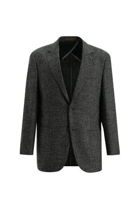 Koyu Antrasit Relaxed Fit Rahat Kesim Yünlü Desenli Ceket