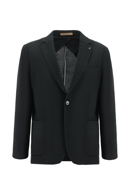Siyah Slim Fit Dar Kesim Yünlü Desenli Ceket