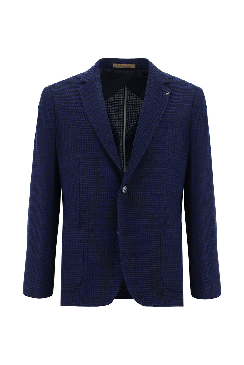 Açık Lacivert Slim Fit Dar Kesim Yünlü Desenli Ceket