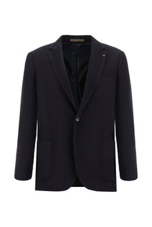 Orta Lacivert Slim Fit Dar Kesim Yünlü Desenli Ceket