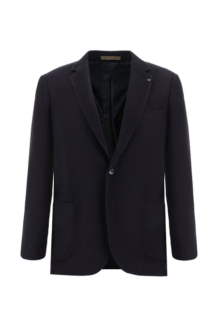 Orta Lacivert Slim Fit Dar Kesim Yünlü Desenli Ceket