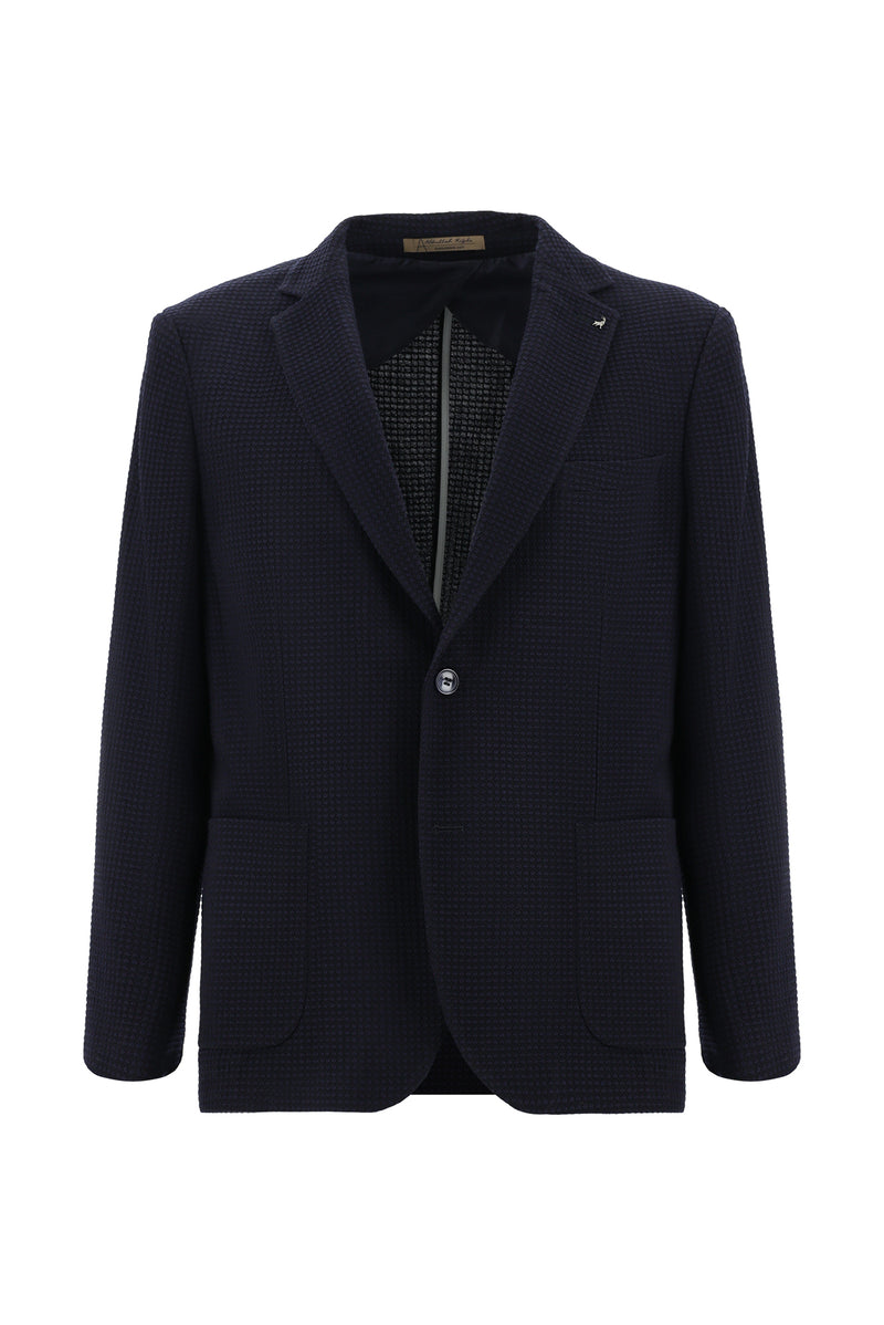 Koyu Lacivert Slim Fit Dar Kesim Yünlü Desenli Ceket